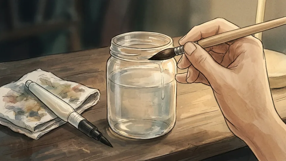 Step 4 of 15: Two brushes are enough to start. A hand drawing the wet tip of a round brush to a point against the rim of a glass jar, a water brush lying on the table beside it.