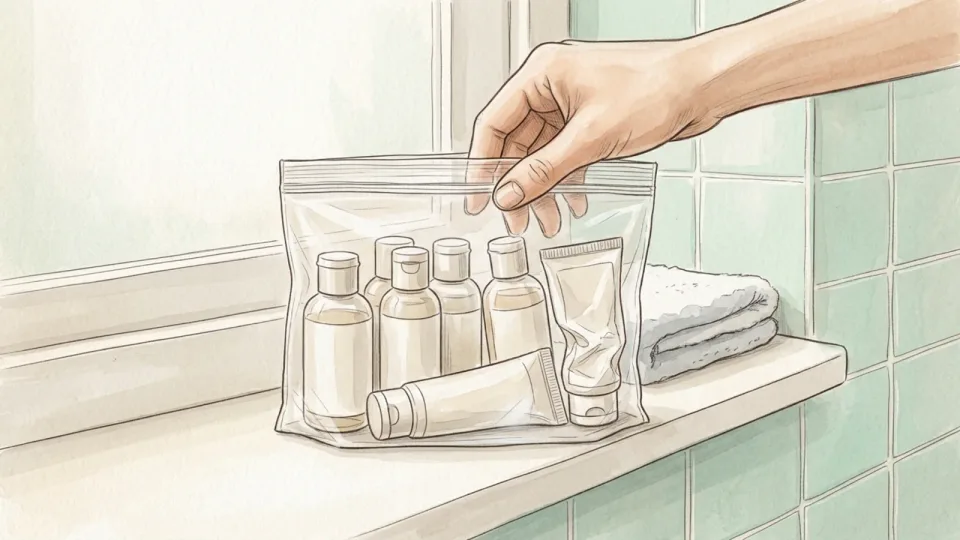 Step 4 of 15: Build the quart-sized liquids bag first. A hand closing the seal of a clear zip-top bag holding small plain bottles and a tube, standing on a bathroom shelf beside a folded towel.