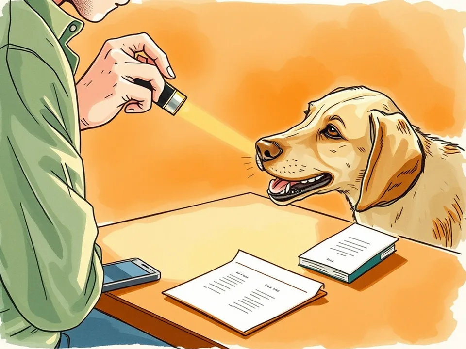 Step 12 of 12: Know the warning signs and book a checkup. A person checking reddened dog gums with a torch and stopping to call the vet