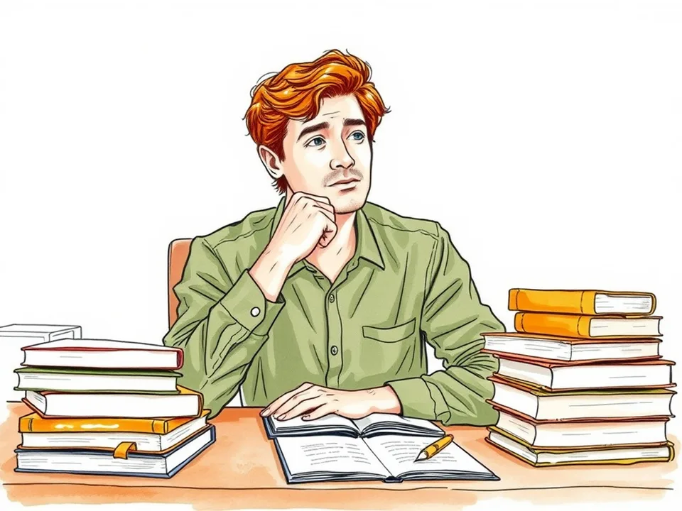 Step 1 of 12: Find the question the text is answering. A person at a desk with several books and a notebook, chin resting on one hand, thinking about a question