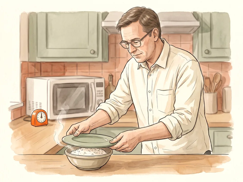 Step 10 of 12: Add water and cover. A cook placing a plate over a bowl of rice before microwaving