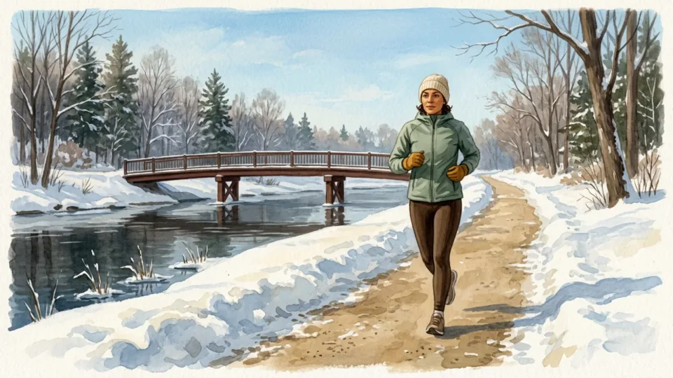 Step 12 of 12: Restart gradually after a break. A person jogging on a cleared riverside path bordered by snow, with a pedestrian bridge in the distance