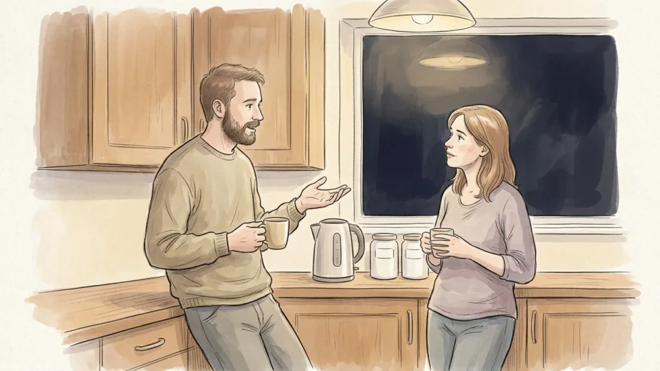 Step 1 of 15: Decide what the meeting is for. Two adults standing at a kitchen counter in the evening with mugs of tea, talking quietly while one of them gestures.