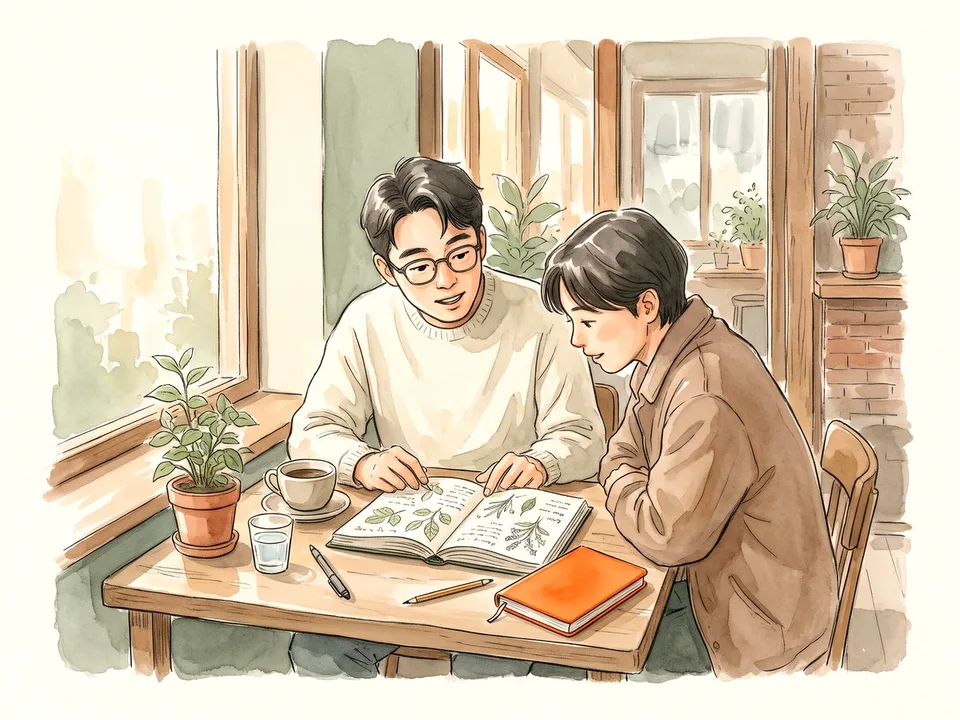 Step 12 of 12: Share it or keep it private. A man sharing a nature journal with a friend at a cafe table