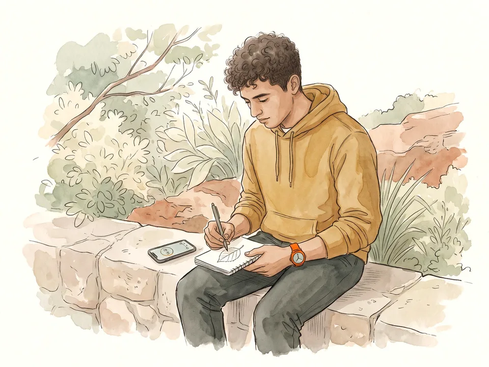 Step 9 of 12: Start with ten minutes. A man sketching in a small notebook on a stone wall with a phone timer