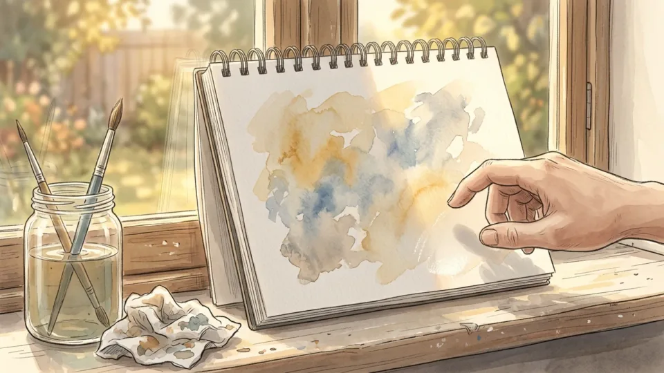 Step 10 of 15: Wait for each layer to dry. An open sketchbook standing on a windowsill to dry in the sun, a hand hovering with the back of one finger close to the painted page.