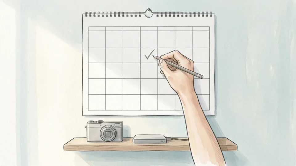 Step 13 of 15: Schedule regular updates. A hand marking a square on a plain wall calendar, with a camera and an external drive on the shelf below.