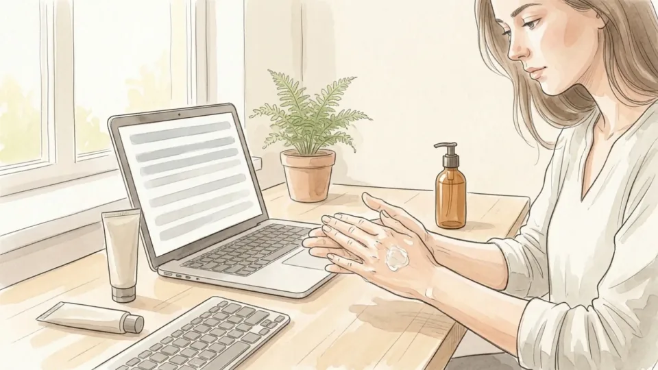 Step 9 of 15: Reach for sanitiser when hands are not visibly dirty. A woman at an office desk rubbing sanitiser between her palms, a small plain pump bottle beside her and a tube of hand cream waiting next to the keyboard, the laptop screen showing only soft grey bars.