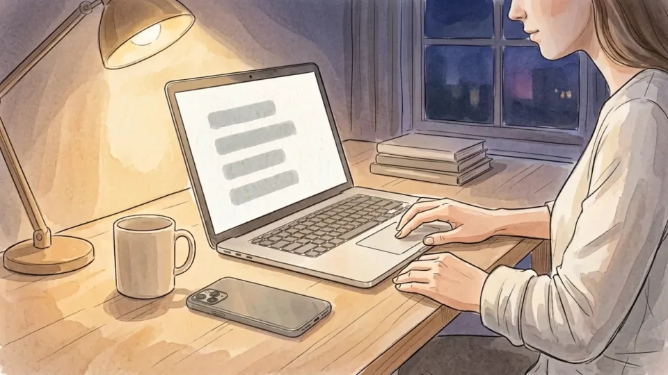 Step 10 of 15: Send the agenda a day ahead. A woman at a home desk in lamplight, hands at a laptop keyboard with the screen showing four short grey bars, a phone face down and a mug beside her, and a dark window behind.
