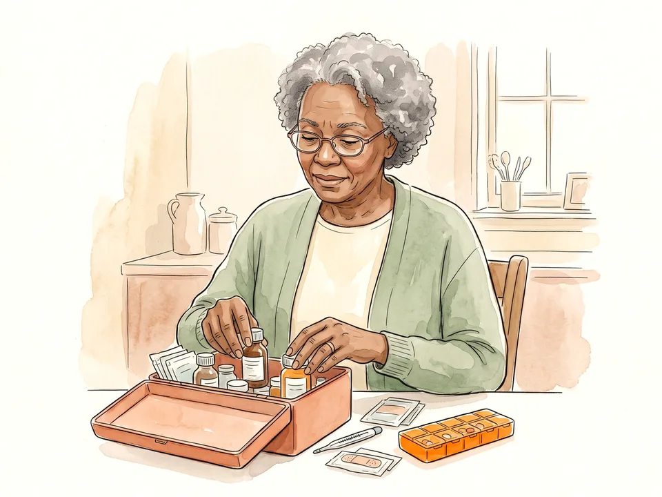 Step 8 of 12: Add medicines and everyday extras. A woman organizing medicine bottles and a thermometer in a first-aid box