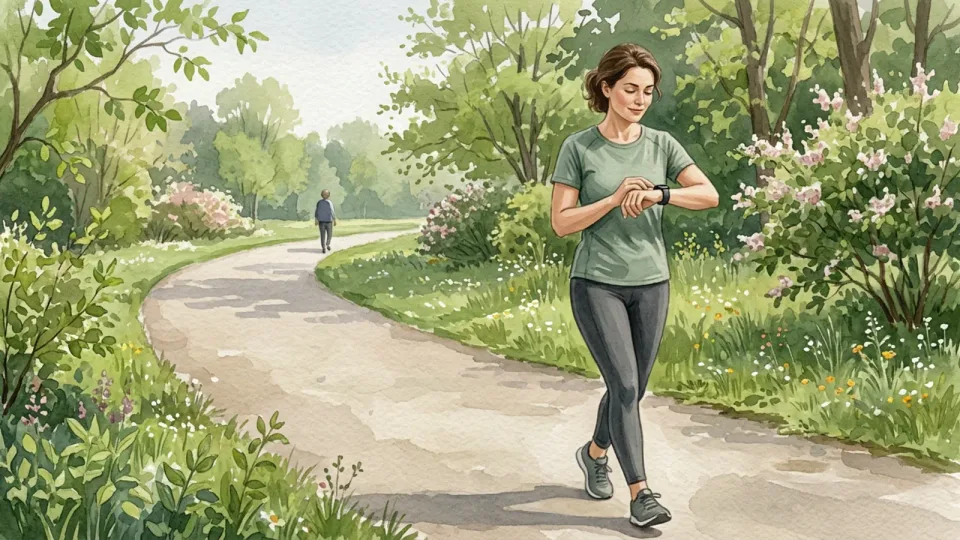 Step 7 of 15: Alternate easy running and walking. A person walking on a garden path while looking at a wristwatch
