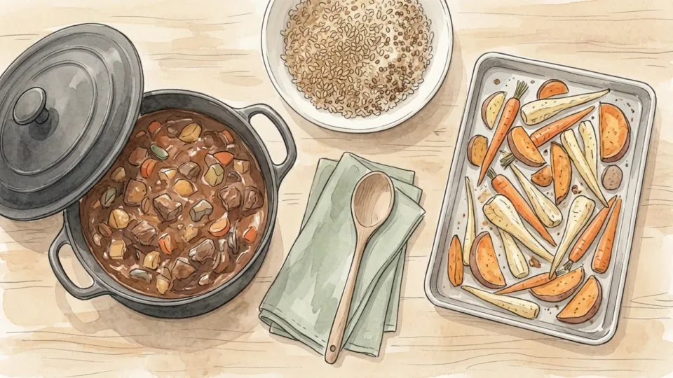 Step 2 of 15: Choose dishes that survive four days. An overhead view of a worktop holding a pot of stew, a bowl of cooked grains and a tray of roasted vegetables.