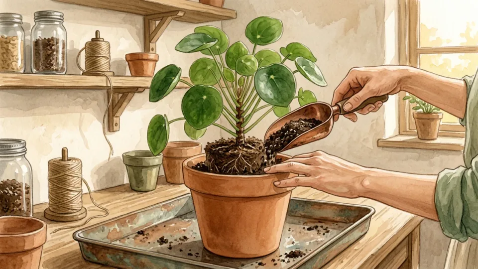 Step 13 of 15: Fill around the root ball. Hands adding fresh potting mix around a houseplant in a pot at a potting table.