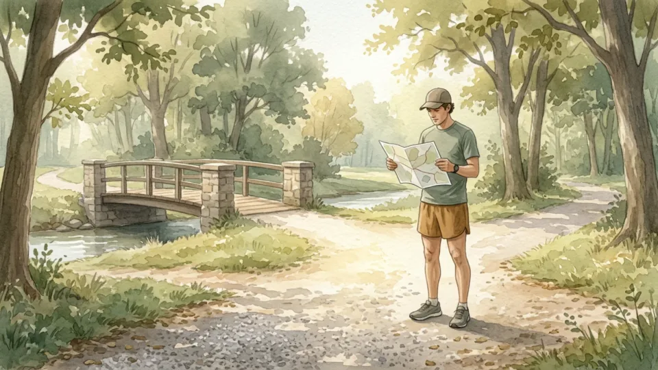 Step 13 of 15: Check the course and event details. A runner checking a folded map at a park path junction near a footbridge