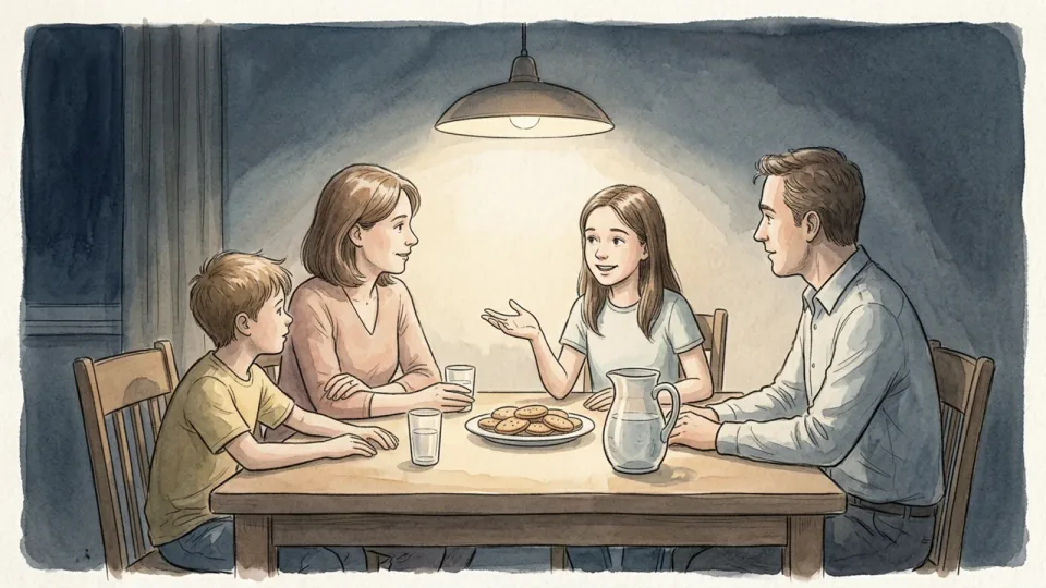 Step 6 of 15: Open with a round of compliments. Four family members around a lamplit table, a teenage girl mid-sentence with one hand open while the others watch and listen.