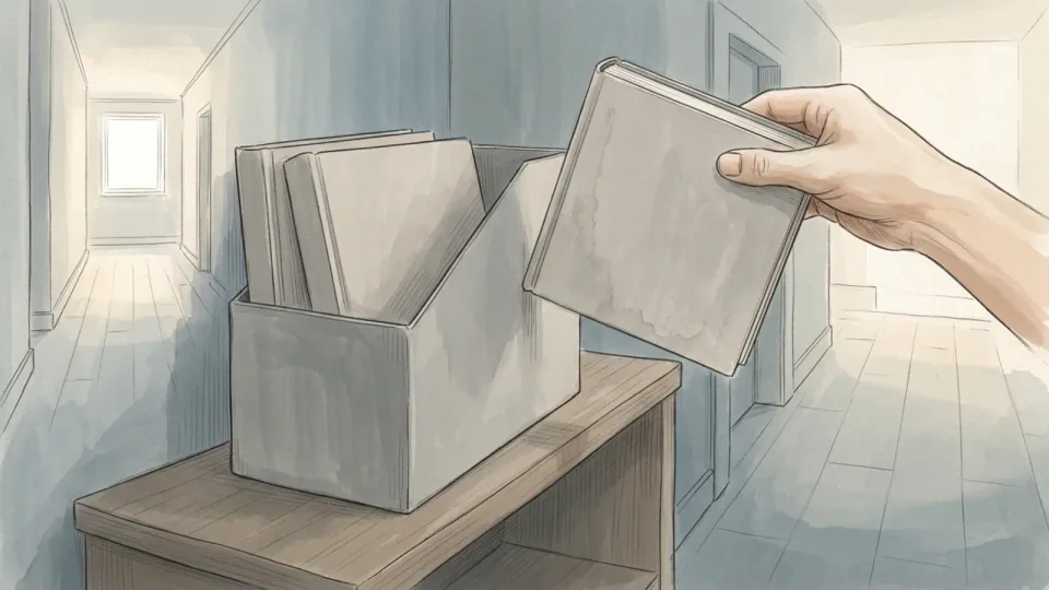 Step 15 of 15: Store the finished book cool, dry and out of the light. A hand sliding a closed sketchbook into a plain archive box on a shelf in a cool hallway, well away from a bright window.