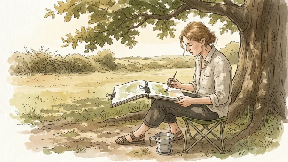 Step 12 of 15: Take the book outside. A woman painting on a folding stool in the shade of a tree, her sketchbook pages held down with a clip and a water cup beside her foot.