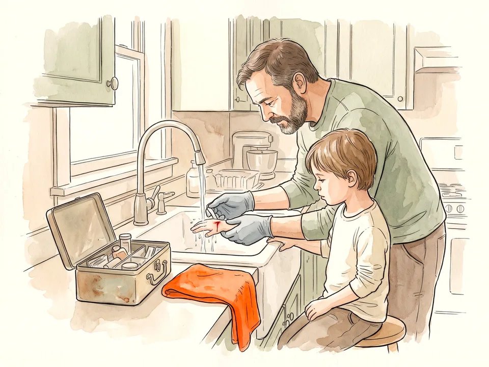 Step 6 of 12: Clean wounds and protect hands. A man in gloves rinsing a child's small cut under a kitchen tap