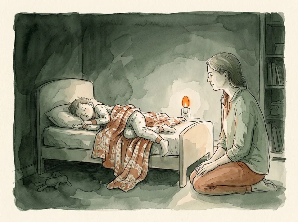 Step 13 of 15: Tell night terrors apart from nightmares. A parent kneeling beside a child's bed in a dim room, watching calmly while the child sleeps restlessly