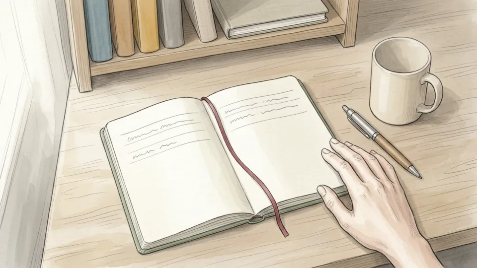 Step 3 of 15: Keep one running notebook. An open notebook on a wooden desk showing short wavering pencil lines, a red ribbon marker down the centre, a pen and a mug nearby, with a hand resting at the lower edge of the page and a shelf of plain closed notebooks behind.