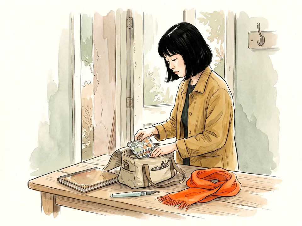 Step 4 of 12: Prepare a small field kit. A woman packing a small nature journaling kit into a canvas bag