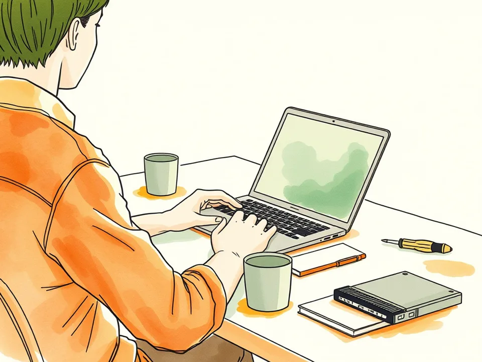A person working at a laptop on a desk with a screwdriver, notebook and external drive nearby
