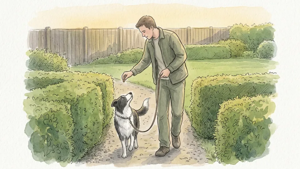 Step 5 of 15: Teach loose-lead walking before you add distance. A person walking a dog on a quiet garden path, the lead hanging slack in a J shape as they offer a treat at their side.