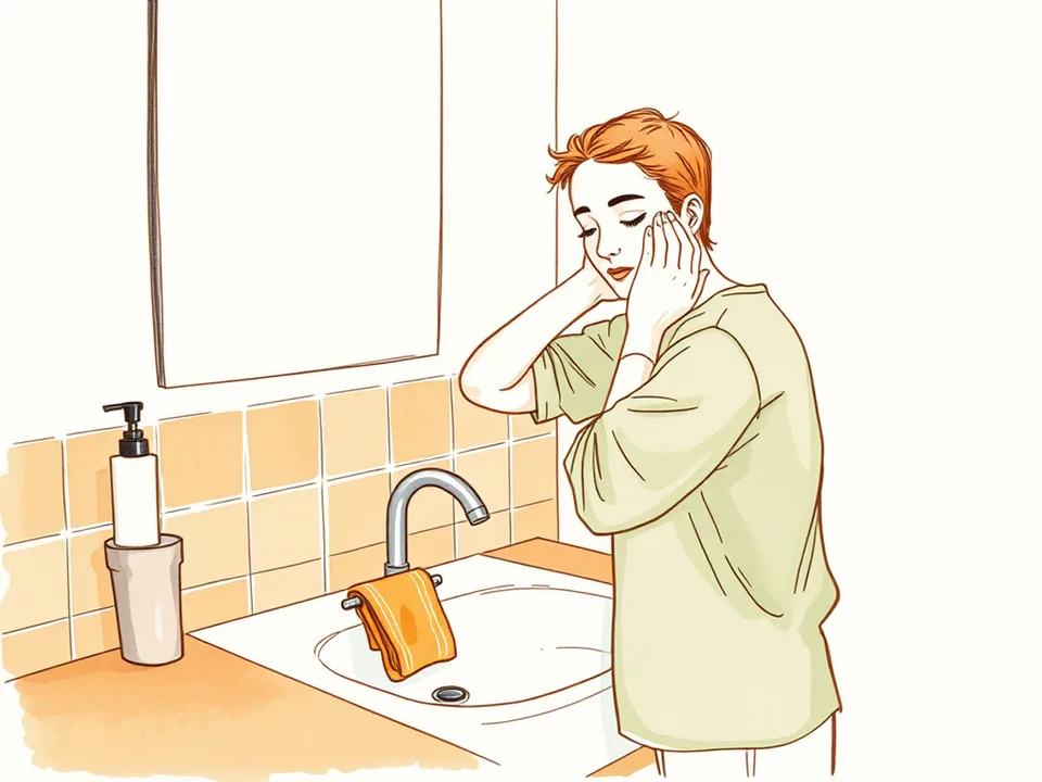 Step 7 of 12: Stop over-cleansing. A person washing their face with lukewarm water over a bathroom sink