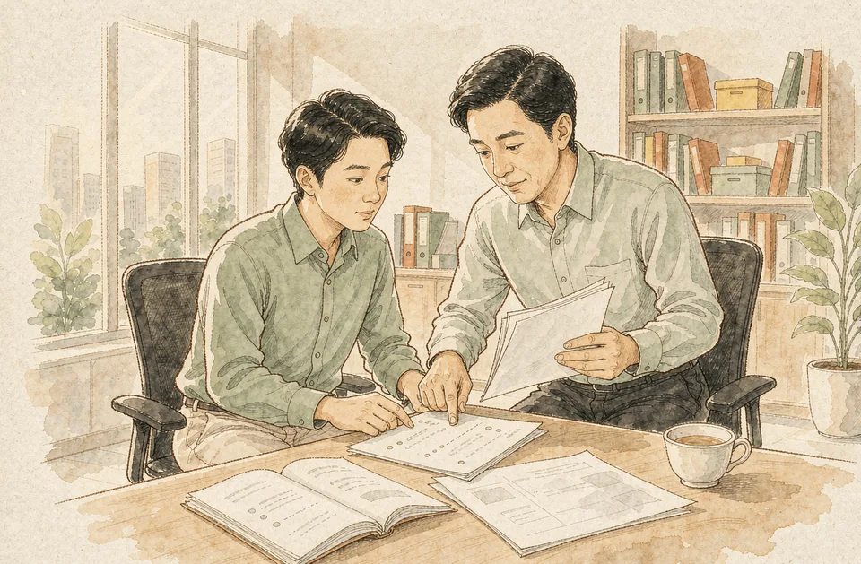 Step 11 of 12: Convert the rating into criteria. 和主管一起看写有评价标准清单的纸