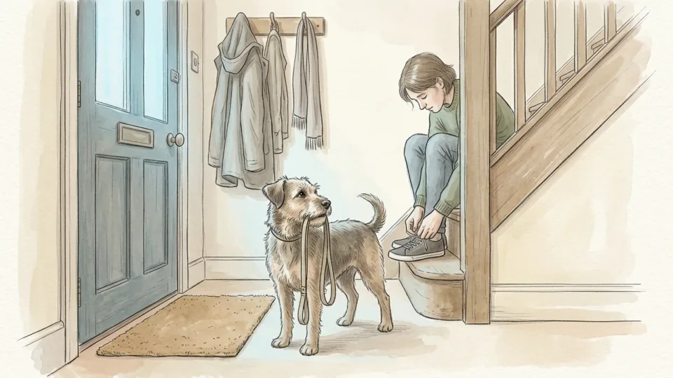 Step 9 of 15: Anchor the walks to fixed times. A scruffy terrier standing by a front door at dawn with its lead held in its mouth, looking up, while a person sits on the stairs behind tying a shoe.