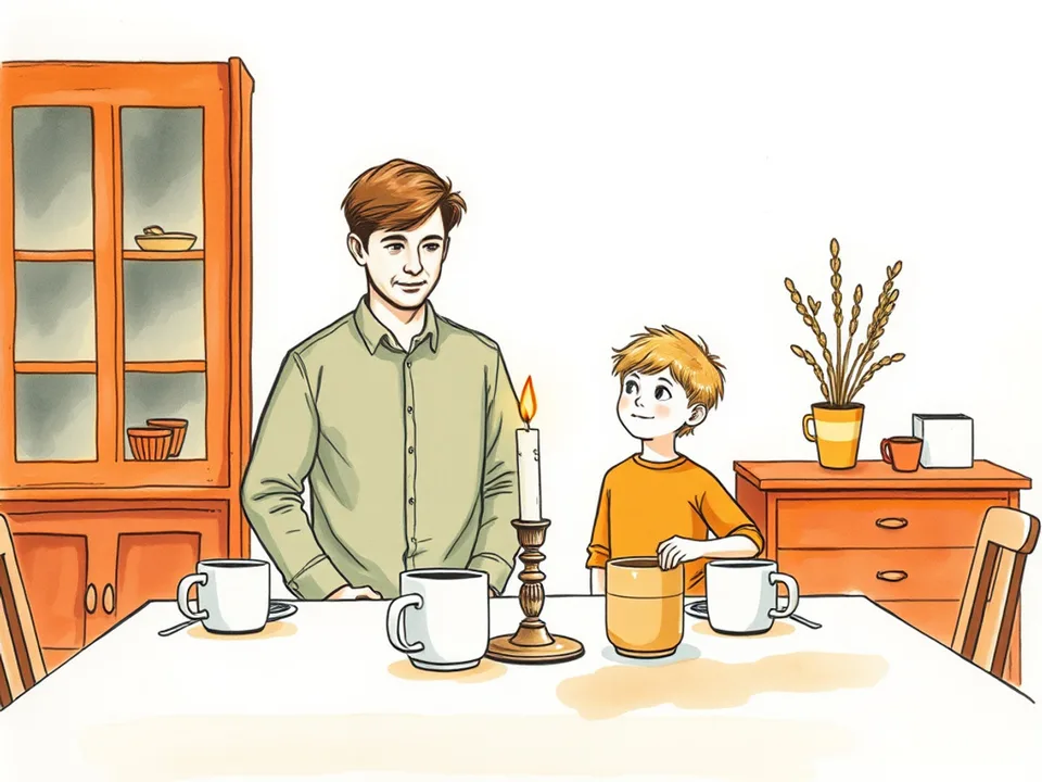 Step 6 of 12: Give everyone a job, even a tiny one. A child lighting a candle while an adult kneels beside them