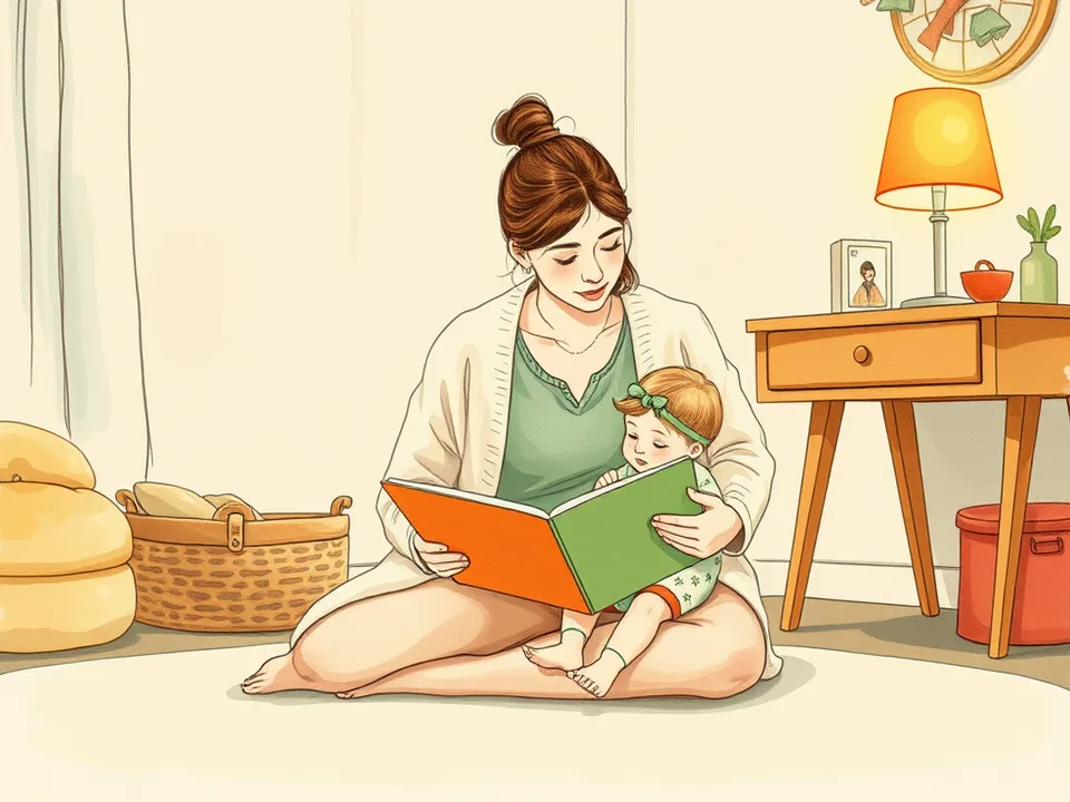 A mother sitting on the floor of a dim nursery reading a picture book to a toddler in pyjamas, a nightlight glowing behind them