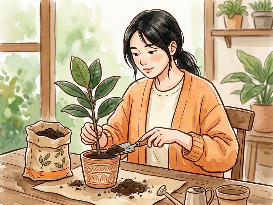 Step 7 of 12: Set the plant at the right depth. A gardener filling a pot with fresh potting mix around a plant