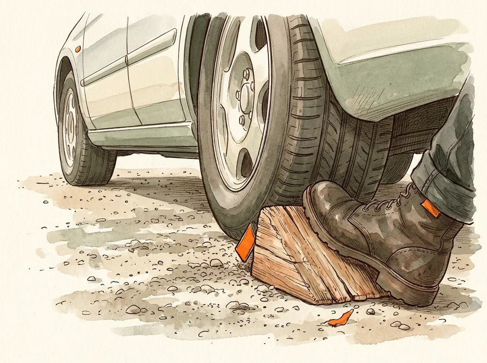 Step 4 of 15: Chock the wheel diagonally opposite the flat. A hand pushing a wooden wheel chock tight against the rear tire of a sedan parked on gravel