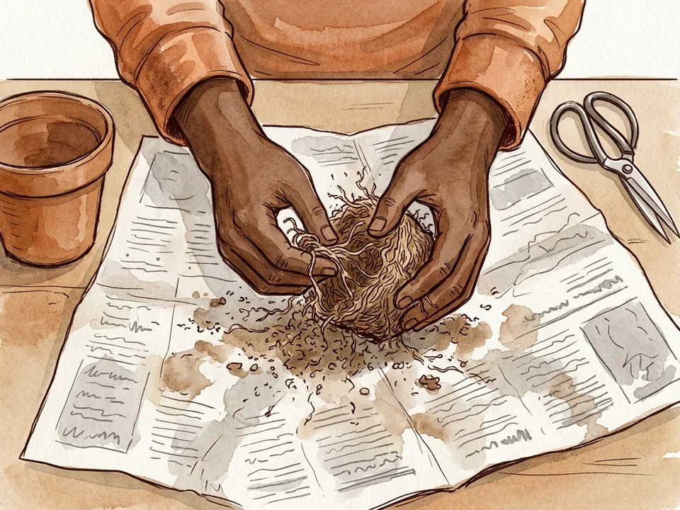 Step 6 of 12: Loosen the root ball. Hands loosening a tangled root ball over newspaper