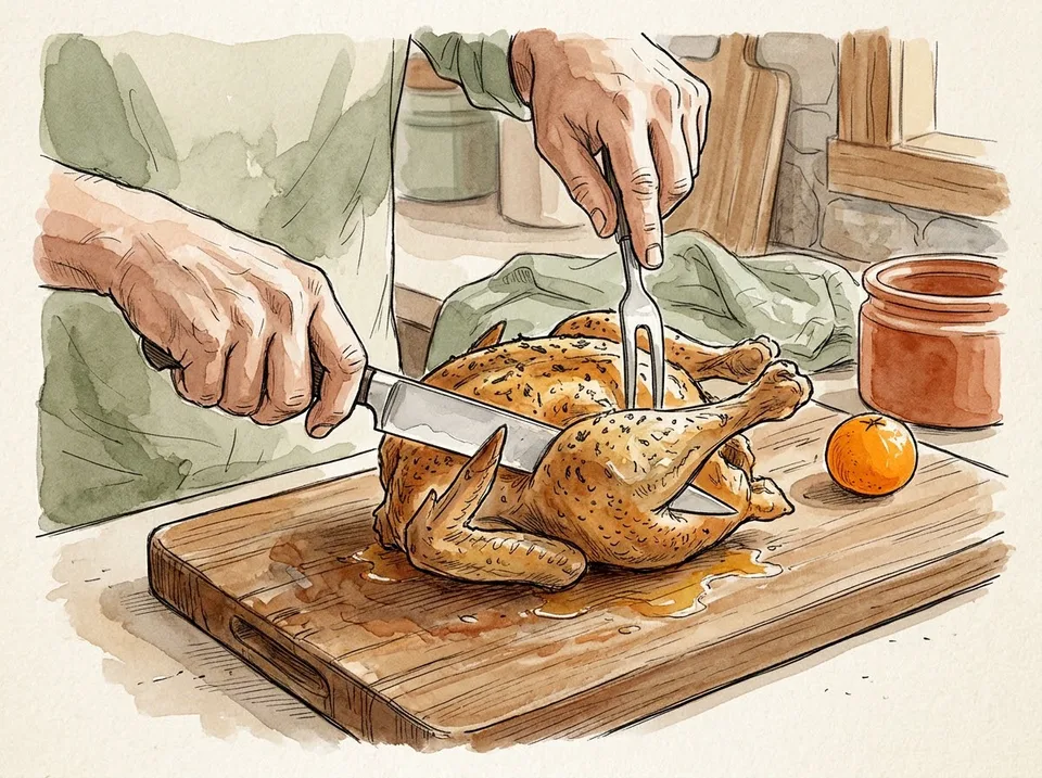 Step 13 of 15: Carve the legs, then the wings, then the breast. Hands carving a roasted chicken on a wooden board, a sharp knife separating the leg from the body