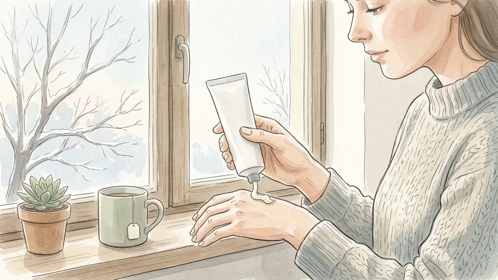 A woman standing at a bright kitchen window in winter, squeezing hand cream from a plain tube onto the back of one hand, with a mug of tea on the sill beside her.