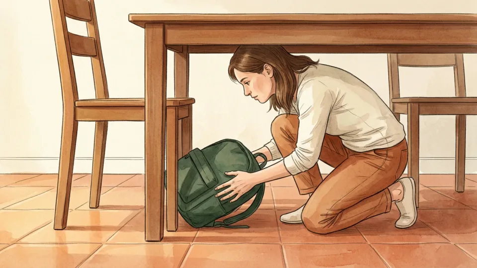 Step 15 of 15: Do the under-seat rehearsal before you leave home. A woman kneeling on terracotta floor tiles, pushing a packed green backpack into the floor space beside a dining chair under the edge of a table.