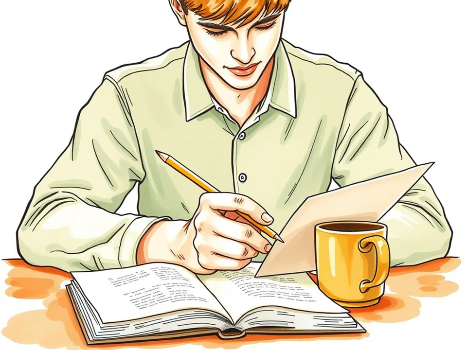 Step 5 of 12: Find the conclusion first. A person reading an open book closely while holding a pencil, a mug on the desk