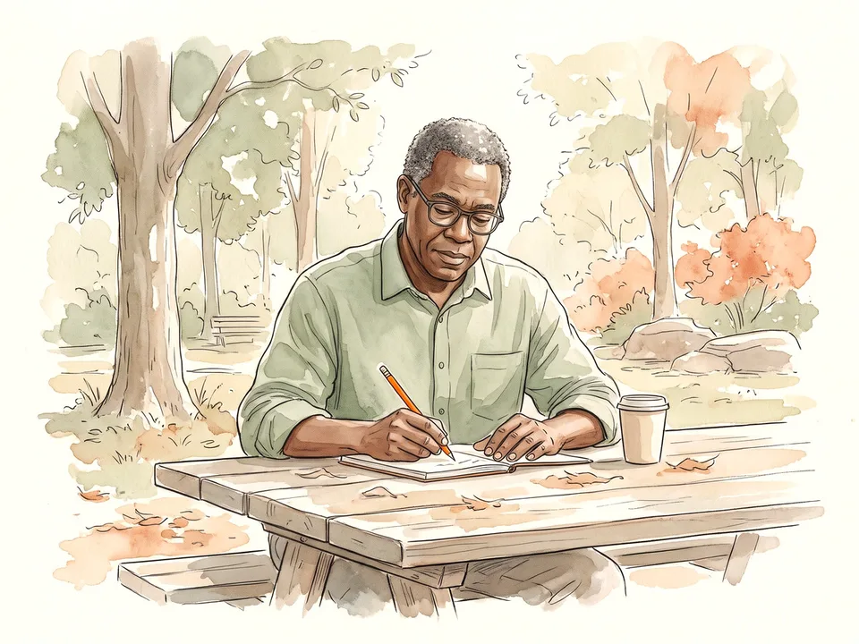 Step 5 of 12: Start with the date, place, and weather. A man writing date and weather notes in a notebook at a park table