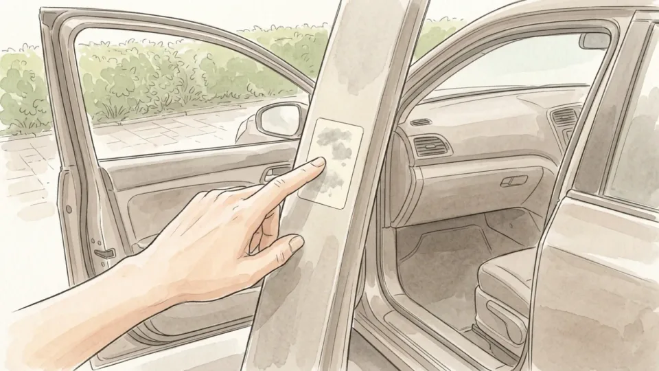 Step 1 of 15: Open the driver's door and find the information label. An open car door with a hand pointing to a small rectangular label on the door pillar, seen from outside the vehicle.