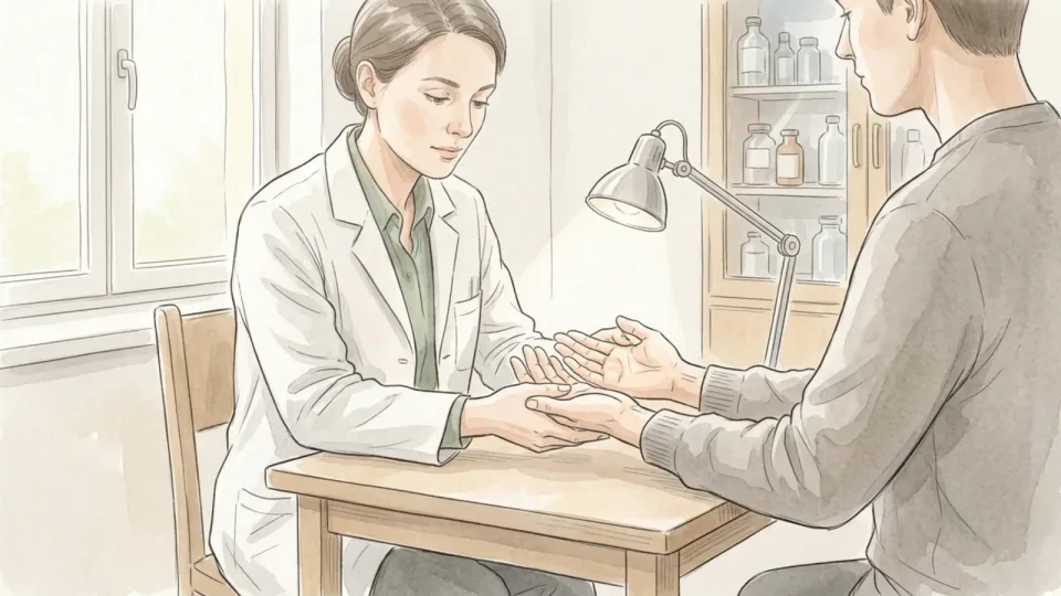 Step 15 of 15: Know when this stops being dry skin. A clinician in a bright consulting room examining a patient's open palms under a small examination lamp, both seated at a table.