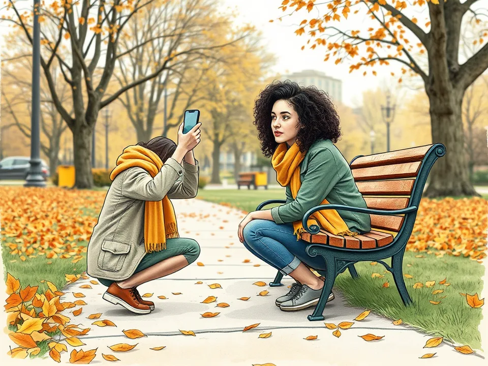 A young woman crouching in a city park holding a phone up to photograph a friend sitting on a bench in autumn light