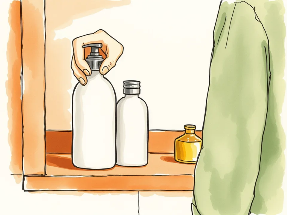 Step 5 of 12: Add one new product at a time, two weeks apart. One new bottle placed beside two existing skincare bottles on a shelf