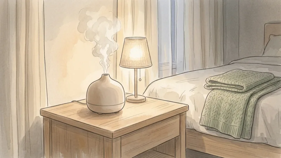 Step 14 of 15: Add moisture to the air you sleep in. A small humidifier releasing a soft plume of mist on a bedside table beside a lamp and a folded blanket in a quiet bedroom.
