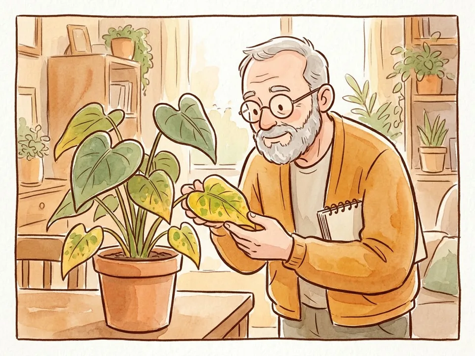Step 9 of 12: Read yellow leaves correctly. An older gardener inspecting a yellowing leaf on a potted plant