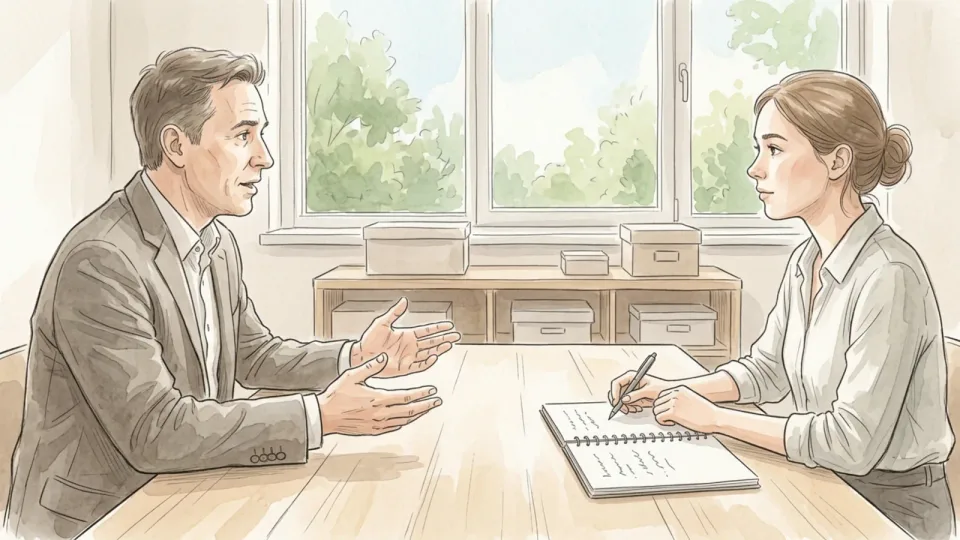 Step 13 of 15: Work the list, then stop talking. A man talking with an open-handed gesture across a meeting table while a younger colleague listens and writes a short line in a spiral notebook, daylight and green trees through the window behind.