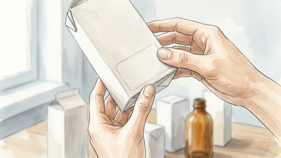 Step 4 of 15: Read every expiry date, including the ones you trust. Close view of two hands tilting a medicine carton towards the light to inspect the recessed panel on its end, other cartons waiting on the table.