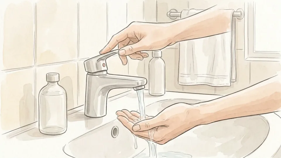 Step 1 of 15: Turn the water temperature down. A hand nudging a mixer tap lever away from the hot side while the other hand waits under a gentle stream of water at a bathroom sink.