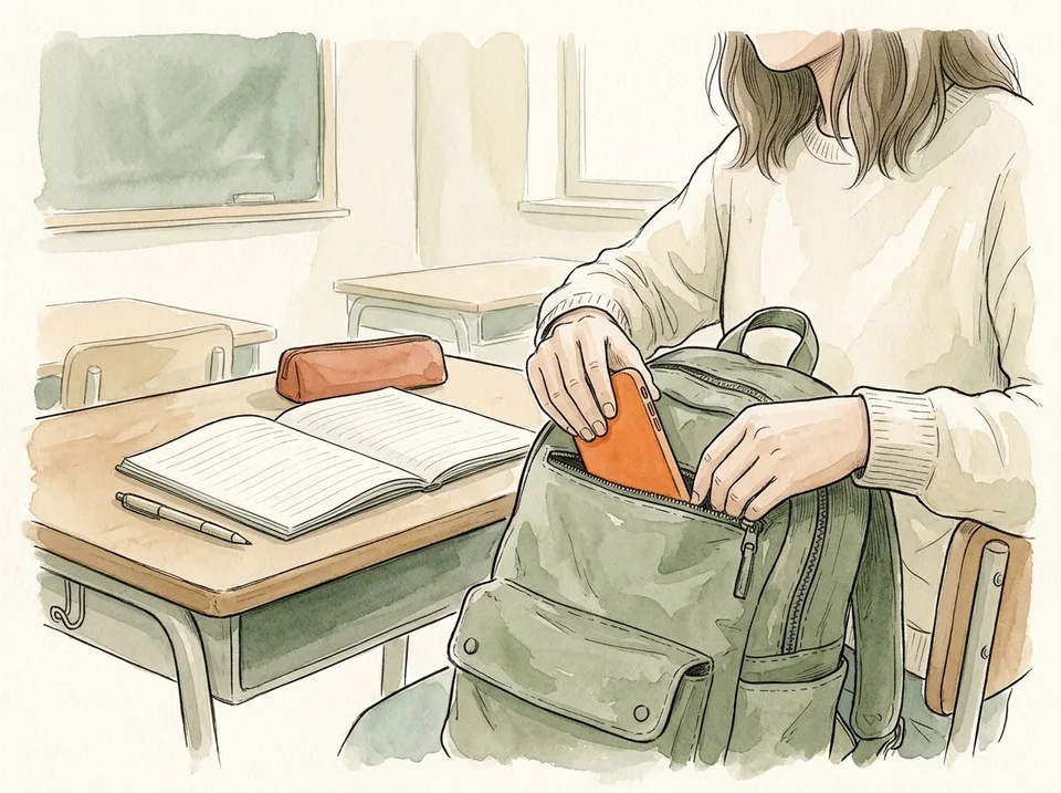 Step 5 of 15: Put the phone out of reach, not on silent. A student zipping a phone into a backpack beside a desk, a notebook and pen laid out ready
